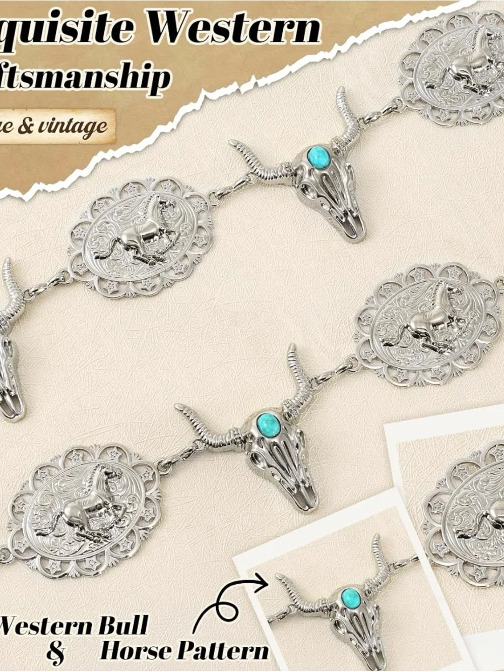 NWT Western Silver-Tone Concho Cow Skull Chain Belt with Turquoise Accents